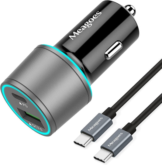 67.5W Gray Car Charger USB C Super Fast Charging, 45W USBC&QC3.0 Port Plug for Iphone 17 Pro Max/Air/16/15/Ipad, Samsung S26 Android Cell Phone, Dual 12V Cigarette Lighter Adapter+3.3 Ft Type C Cable